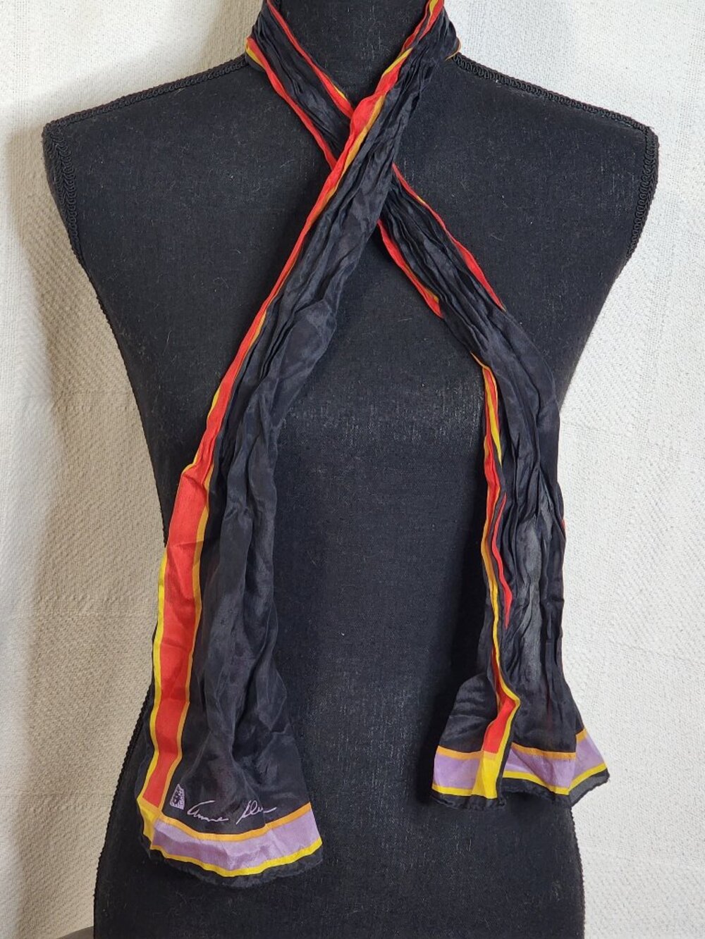 Anne Klein Vntg Black with Yellow Red Rust and Lilac Border Rectangle Silk Scarf